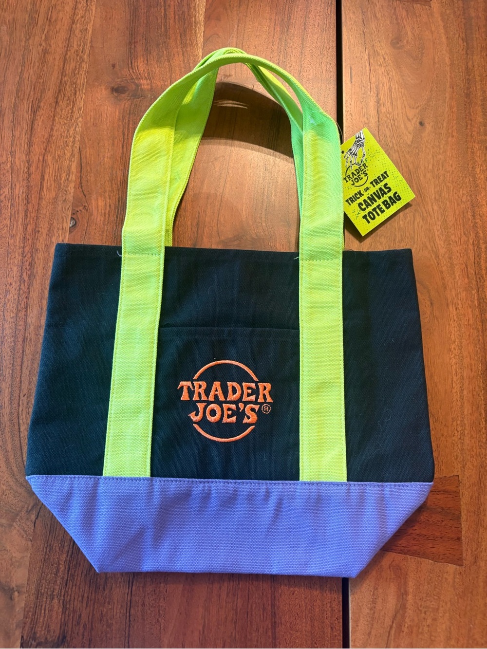 Trader Joe's Black & Lime Canvas Tote Bag with Purple Base